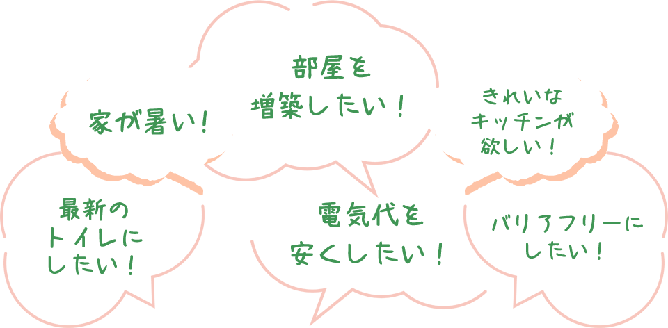 家が暑い！きれいなキッチンが欲しい！部屋を増築したい！最新のトイレにしたい！バリアフリーにしたい！電気代を安くしたい！